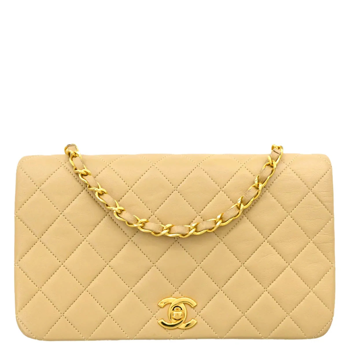 Chanel 1989-1991 Beige Lambskin Turnlock Small Full Flap Shoulder Bag