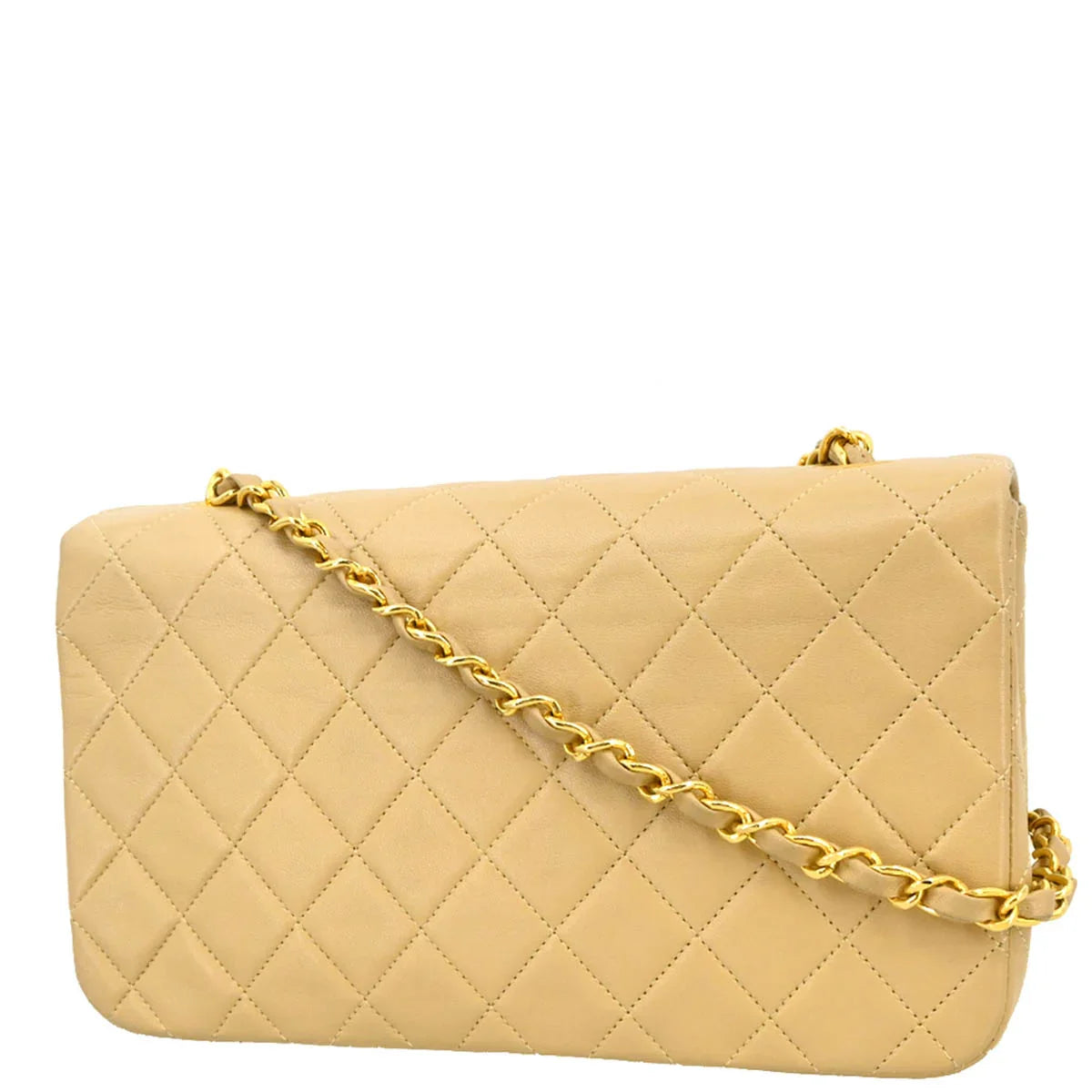 Chanel 1989-1991 Beige Lambskin Turnlock Small Full Flap Shoulder Bag