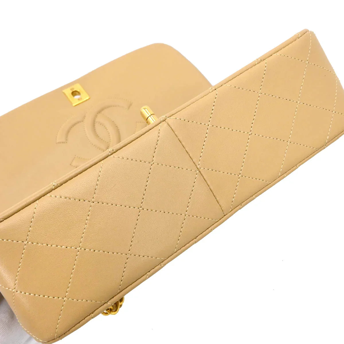Chanel 1989-1991 Beige Lambskin Turnlock Small Full Flap Shoulder Bag