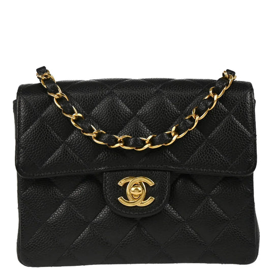 Chanel 2004-2005 Black Caviar Mini Classic Square Flap Shoulder Bag
