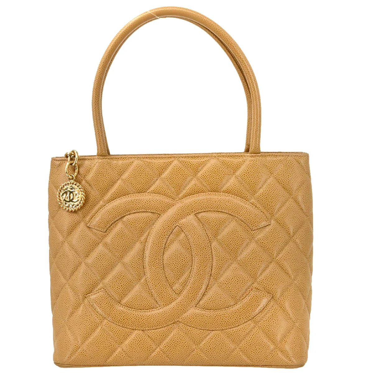 Chanel 2000-2001 Beige Caviar Medallion Tote Handbag