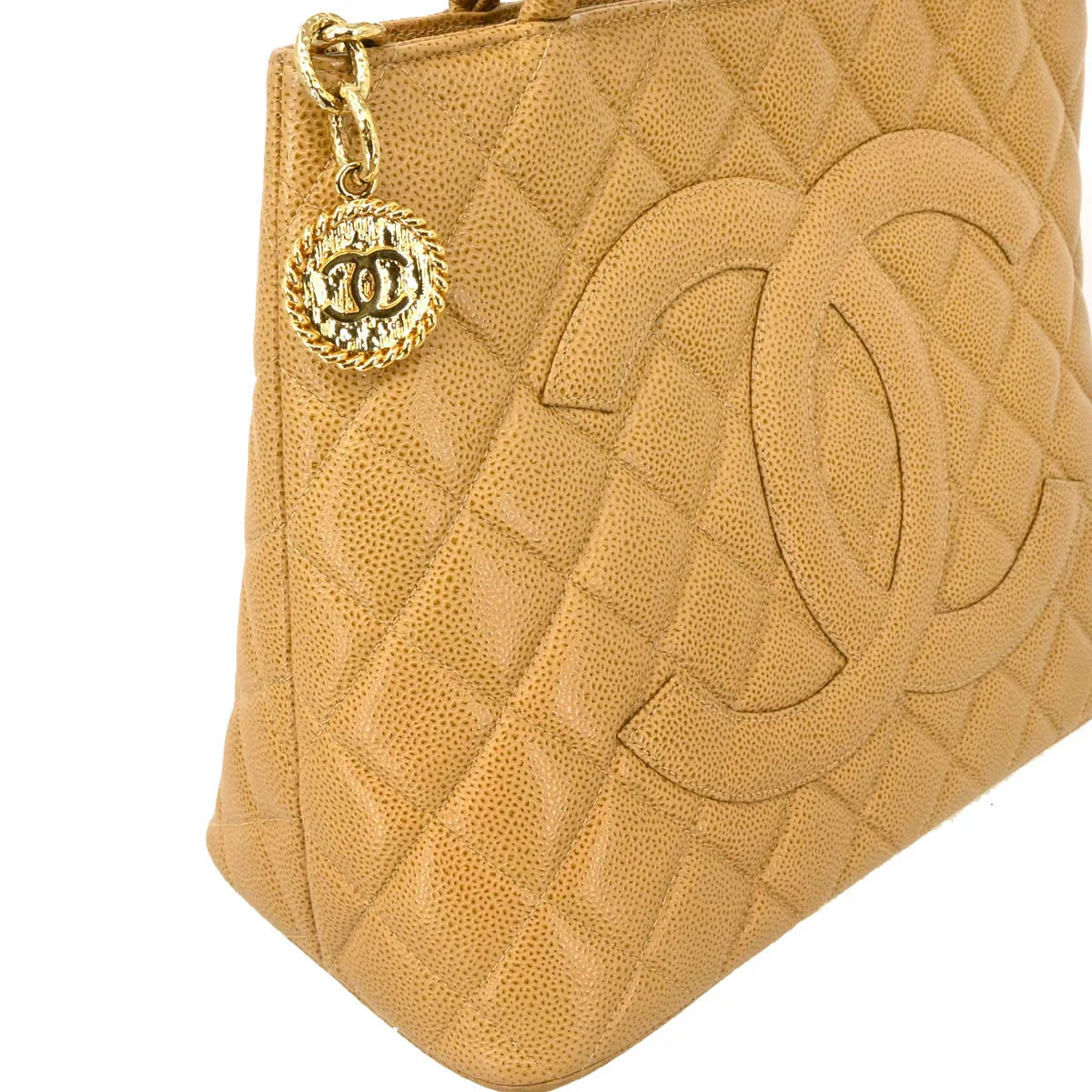 Chanel 2000-2001 Beige Caviar Medallion Tote Handbag