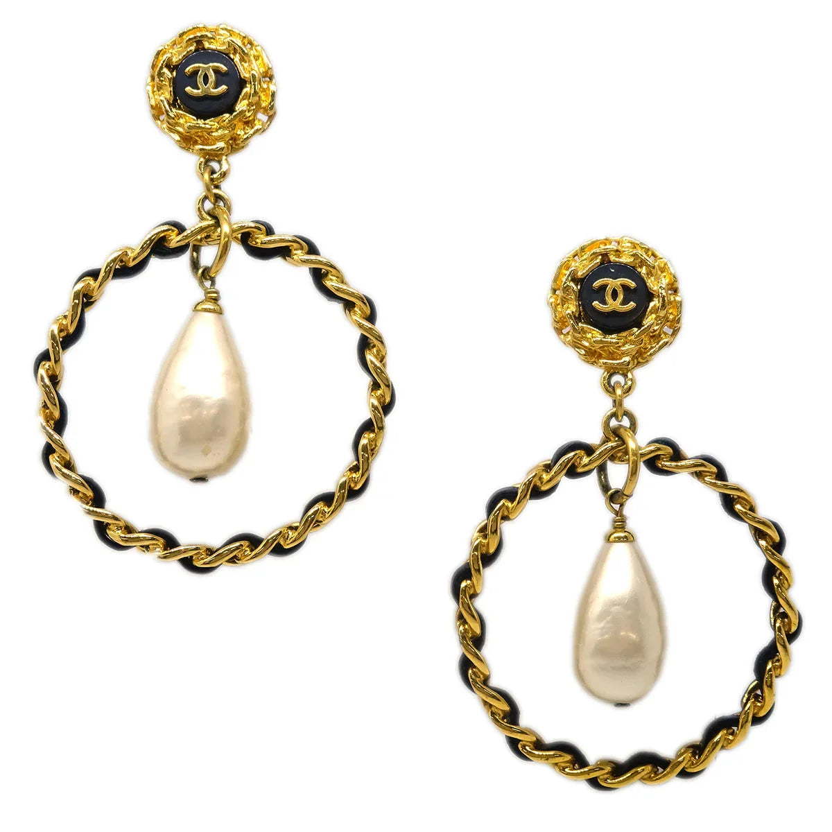 Chanel Hoop Earrings Gold Costume Pearl Clip-On 95A