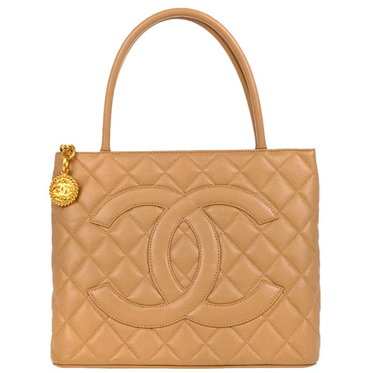 Chanel 2001-2003 Beige Caviar Medallion Tote Handbag
