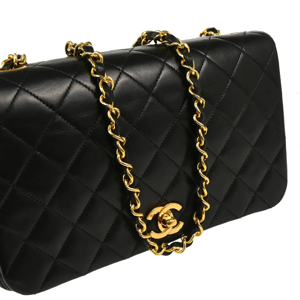 Chanel 1989-1991 Black Lambskin Turnlock Small Full Flap Shoulder Bag