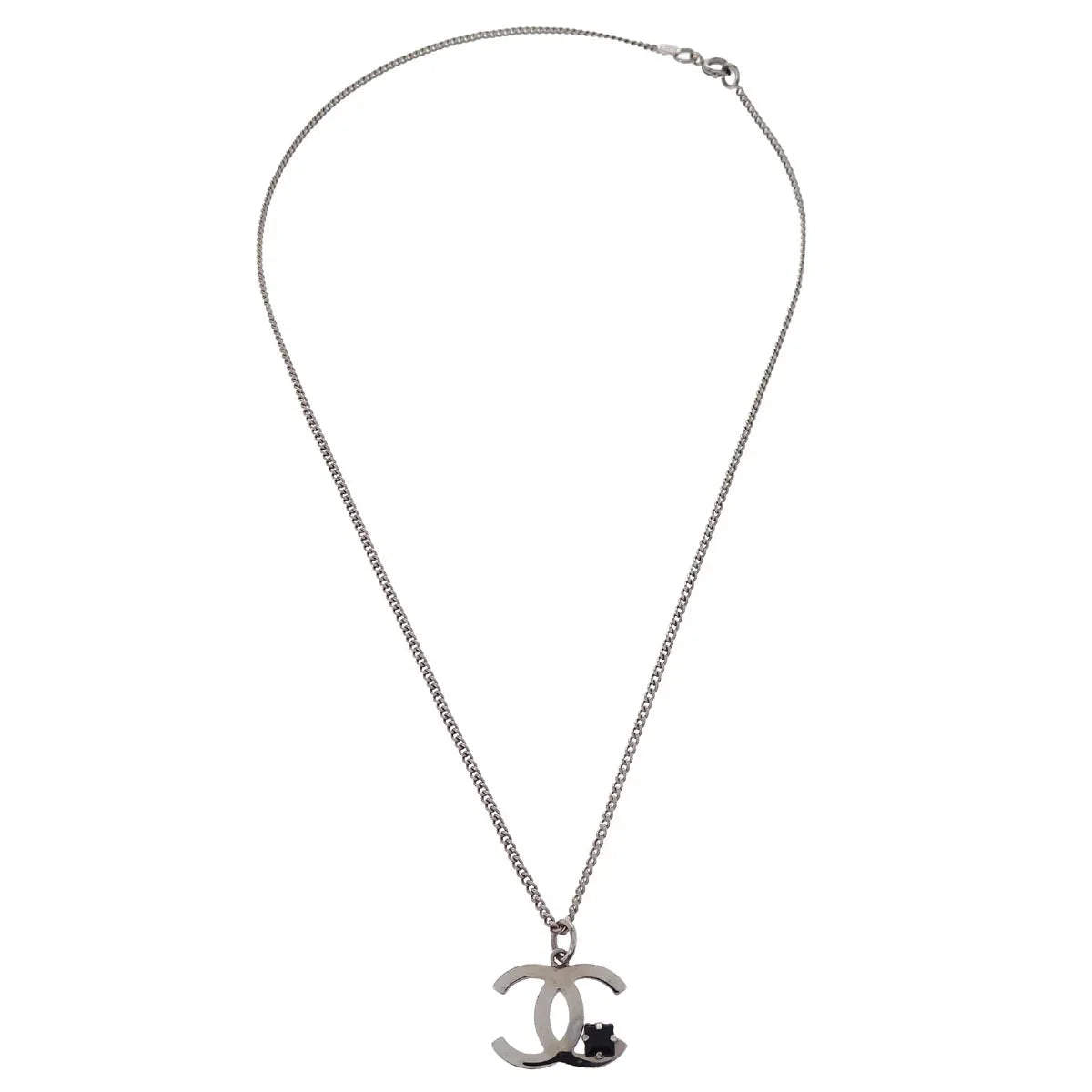 Chanel CC Chain Necklace Pendant Rhinestone Silver 05P