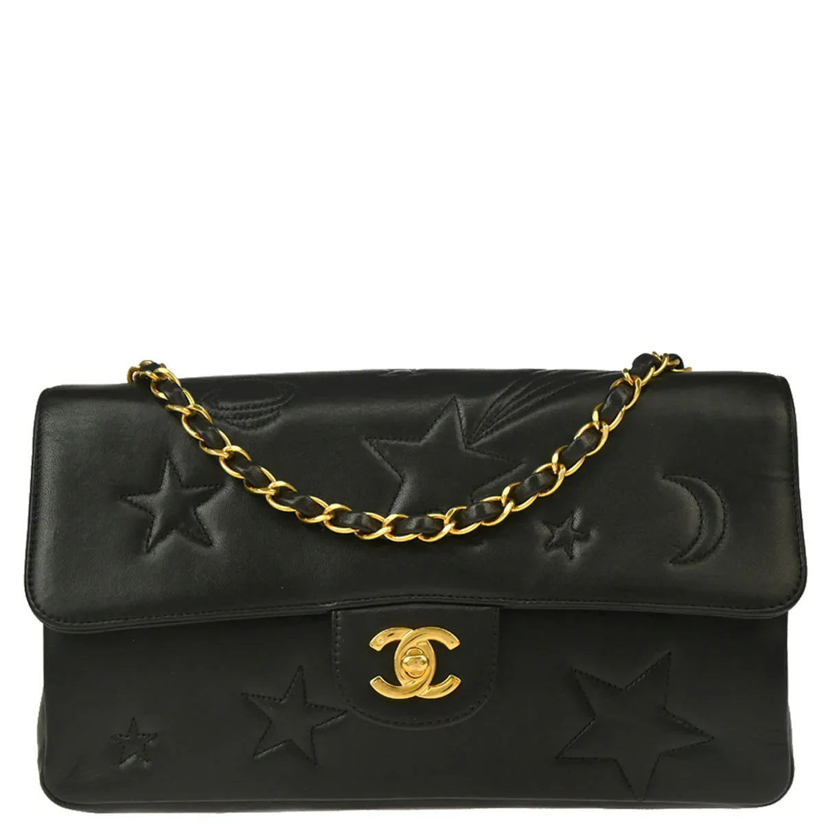 Chanel 1994-1996 Black Lambskin Star Stitch Classic Single Flap Medium
