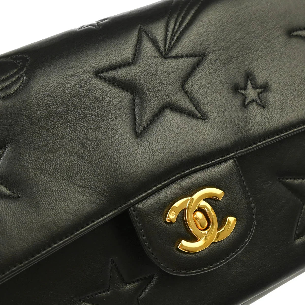 Chanel 1994-1996 Black Lambskin Star Stitch Classic Single Flap Medium