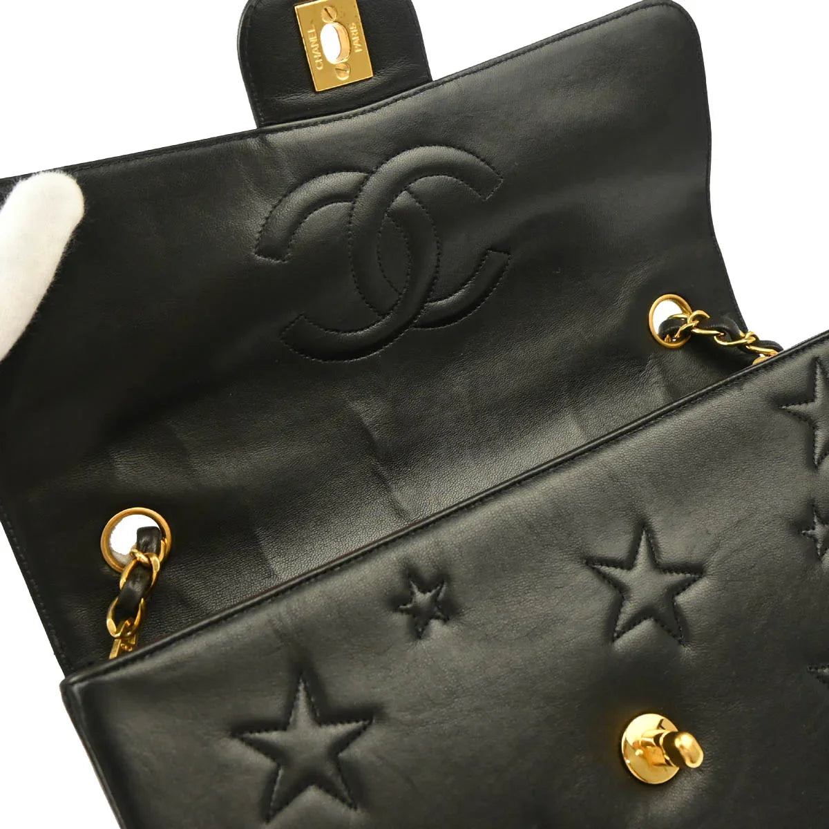 Chanel 1994-1996 Black Lambskin Star Stitch Classic Single Flap Medium