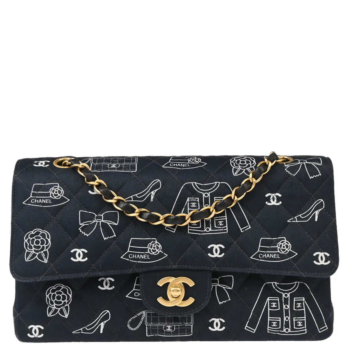 Chanel 2002-2003 Navy Canvas Icon Medium Classic Double Flap Shoulder Bag