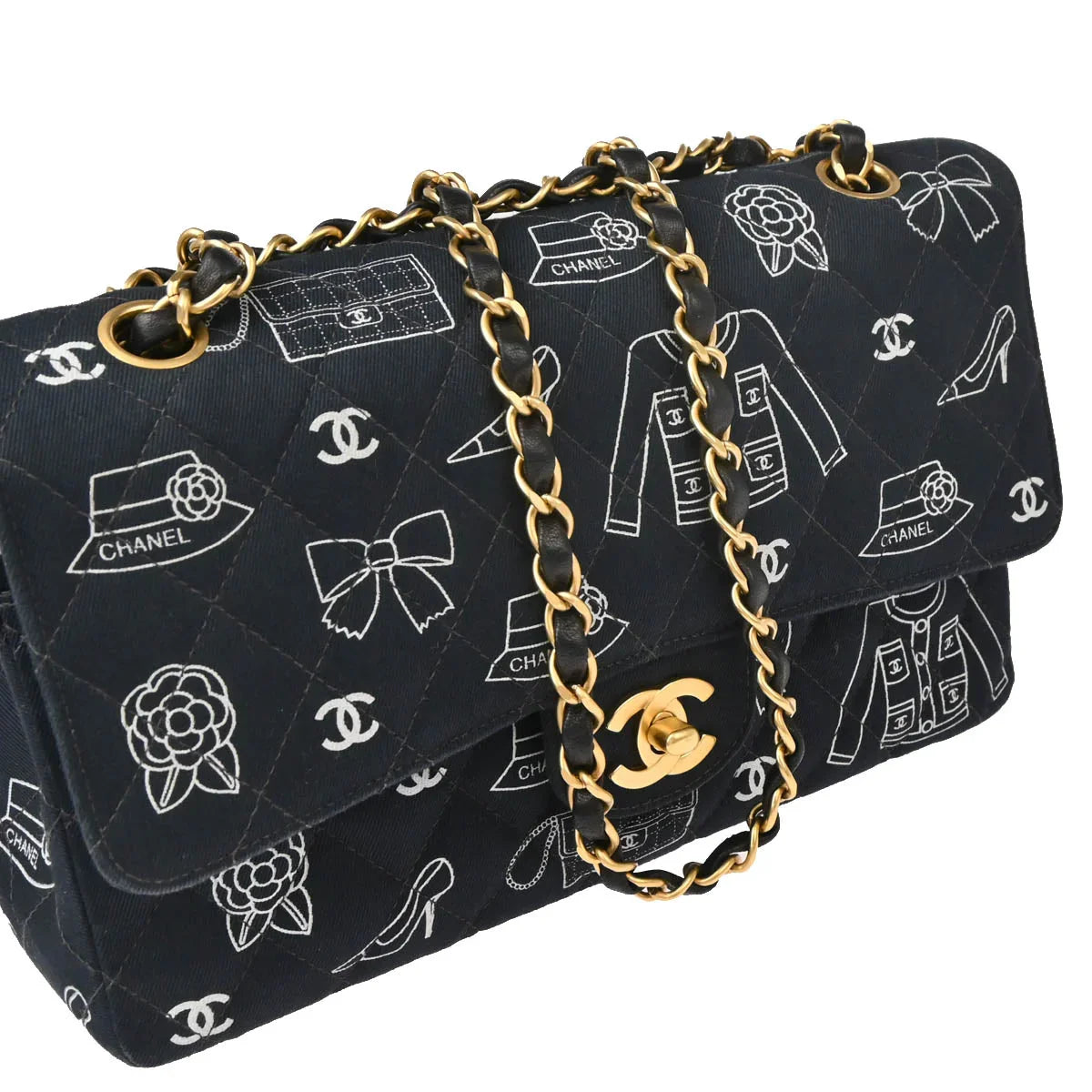 Chanel 2002-2003 Navy Canvas Icon Medium Classic Double Flap Shoulder Bag