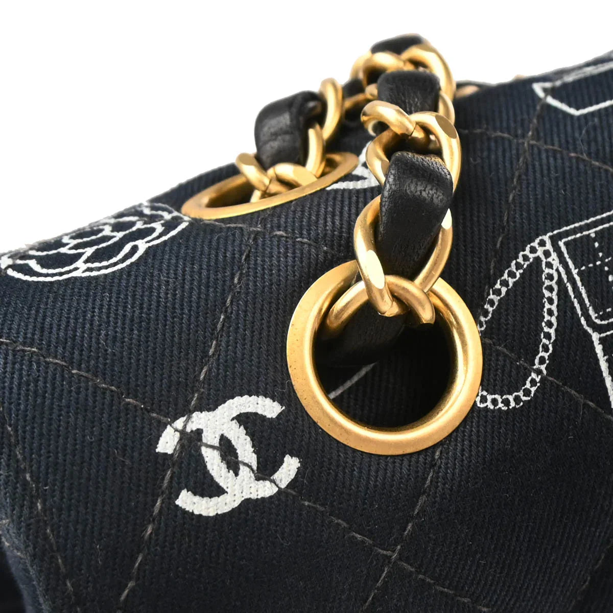 Chanel 2002-2003 Navy Canvas Icon Medium Classic Double Flap Shoulder Bag