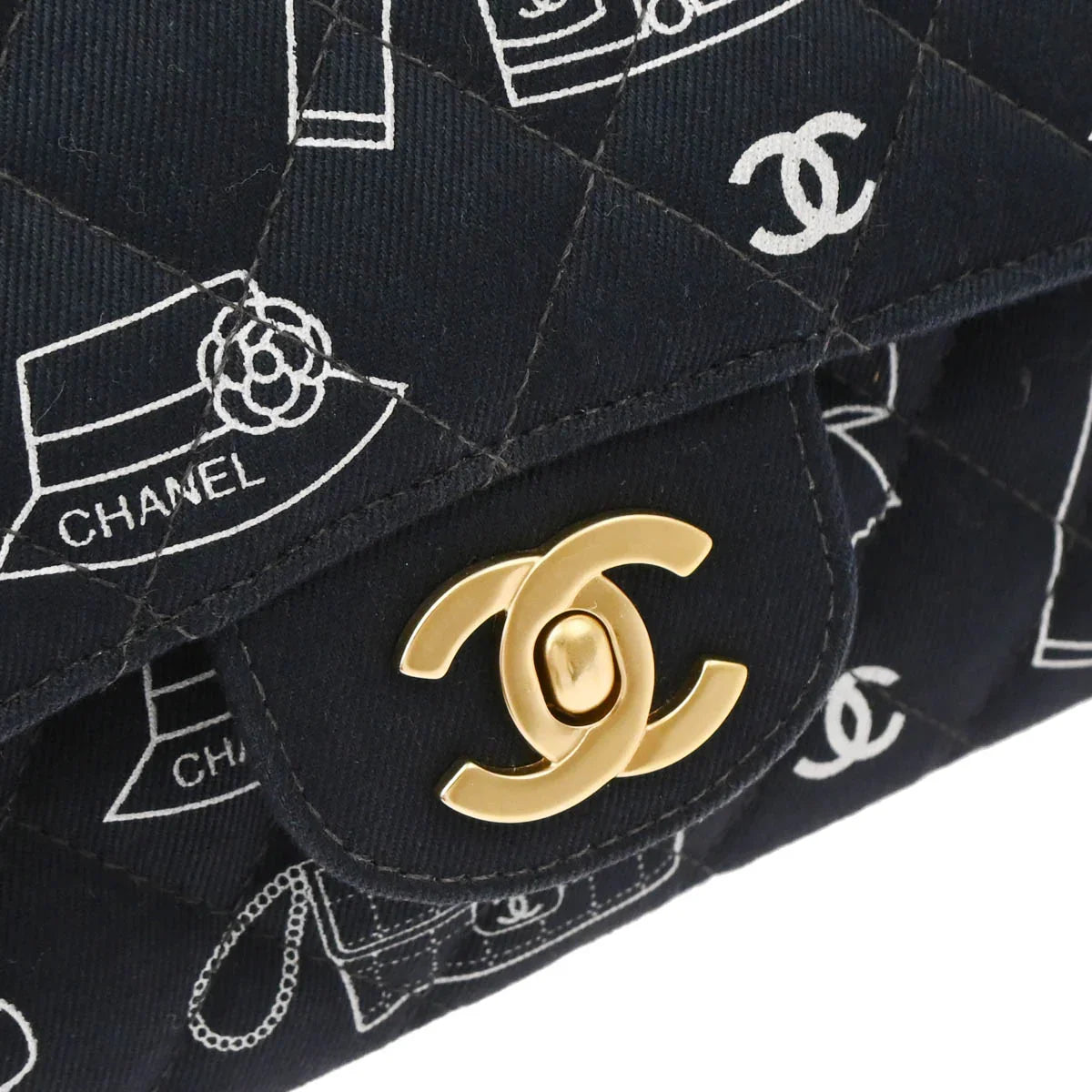 Chanel 2002-2003 Navy Canvas Icon Medium Classic Double Flap Shoulder Bag