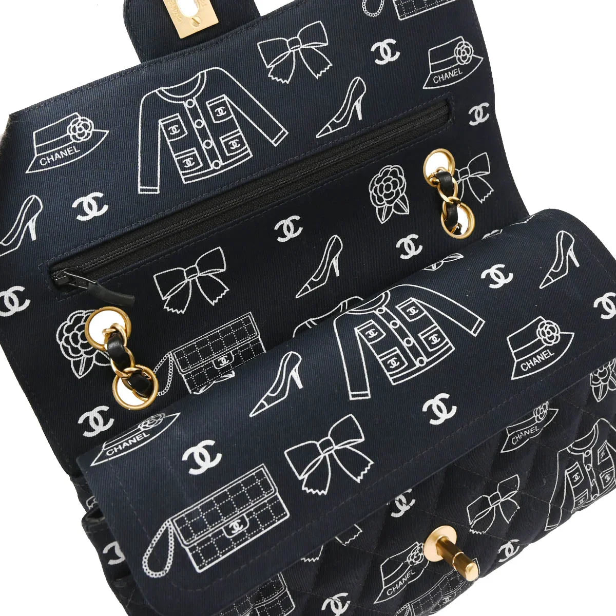 Chanel 2002-2003 Navy Canvas Icon Medium Classic Double Flap Shoulder Bag