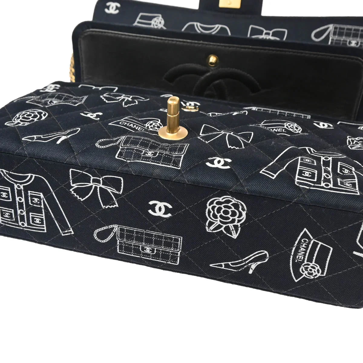 Chanel 2002-2003 Navy Canvas Icon Medium Classic Double Flap Shoulder Bag