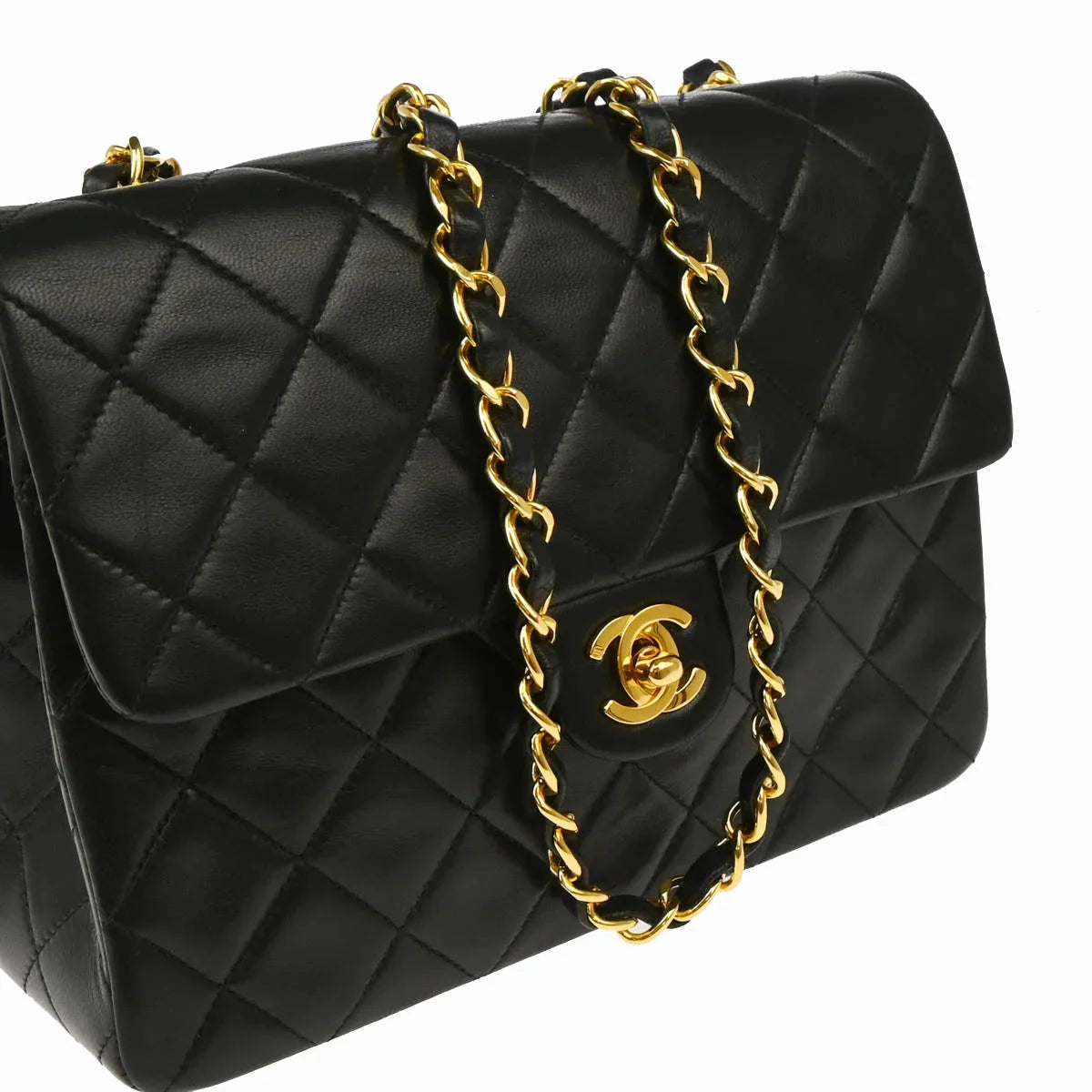 Chanel 1991-1994 Black Lambskin Classic Square Flap Shoulder Bag