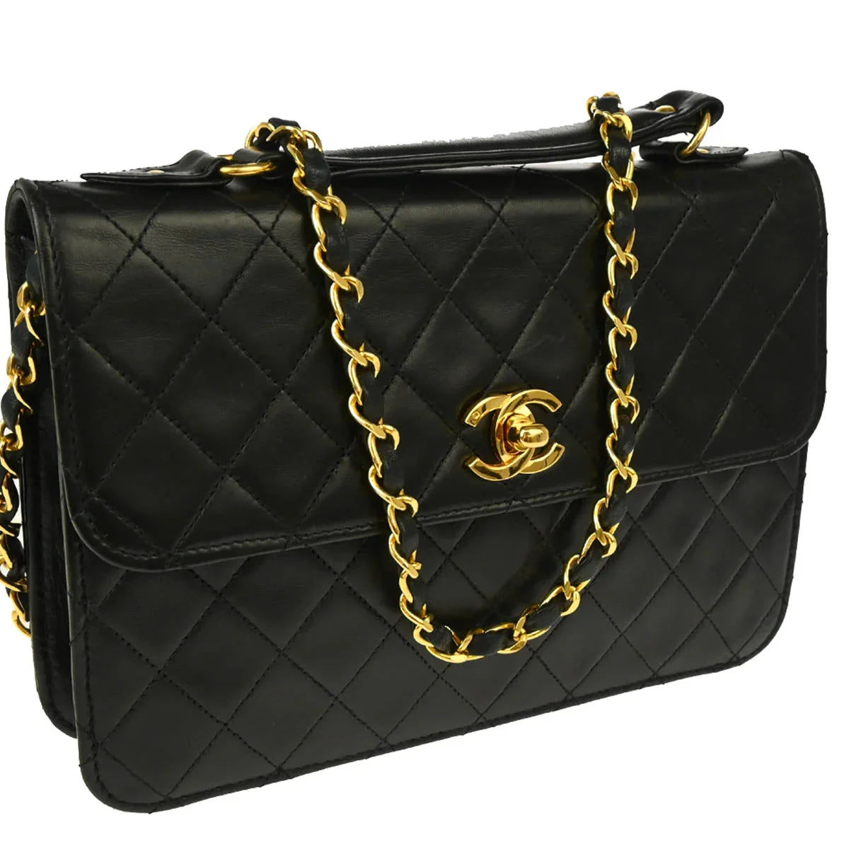 Chanel 1986-1988 Black Lambskin 2way Shoulder Bag