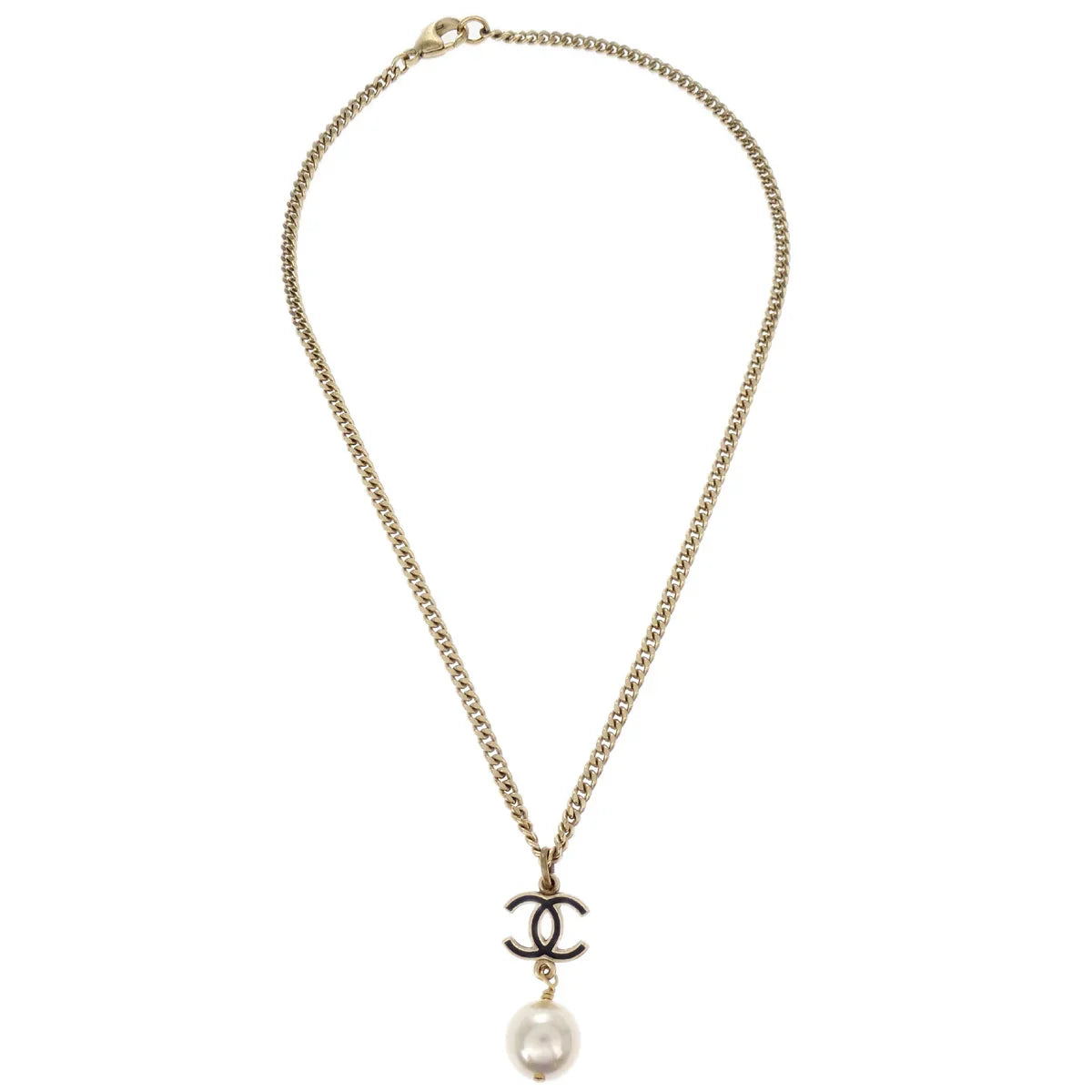 Chanel Chain Pendant Necklace Costume Pearl Gold 07C
