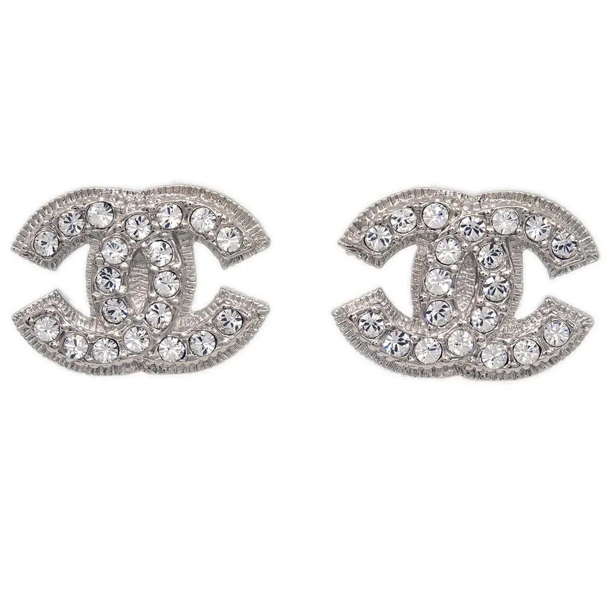 Chanel CC Earrings Clip-On Silver Rhinestone 09A