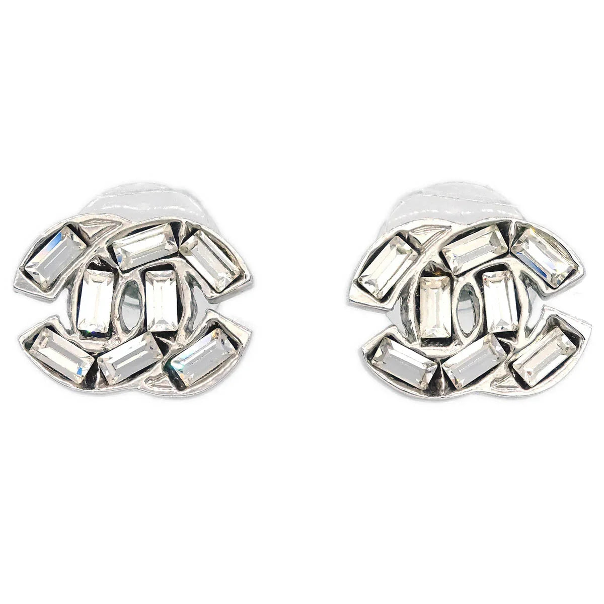 Chanel CC Piercing Earrings Silver Rhinestone 01P