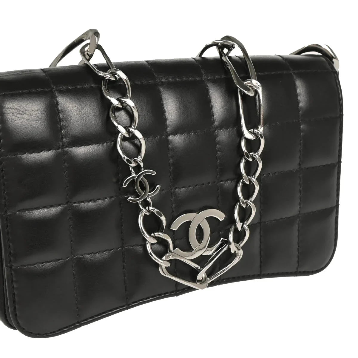 Chanel 2003-2004 Black Lambskin Choco Bar Full Flap Shoulder Bag