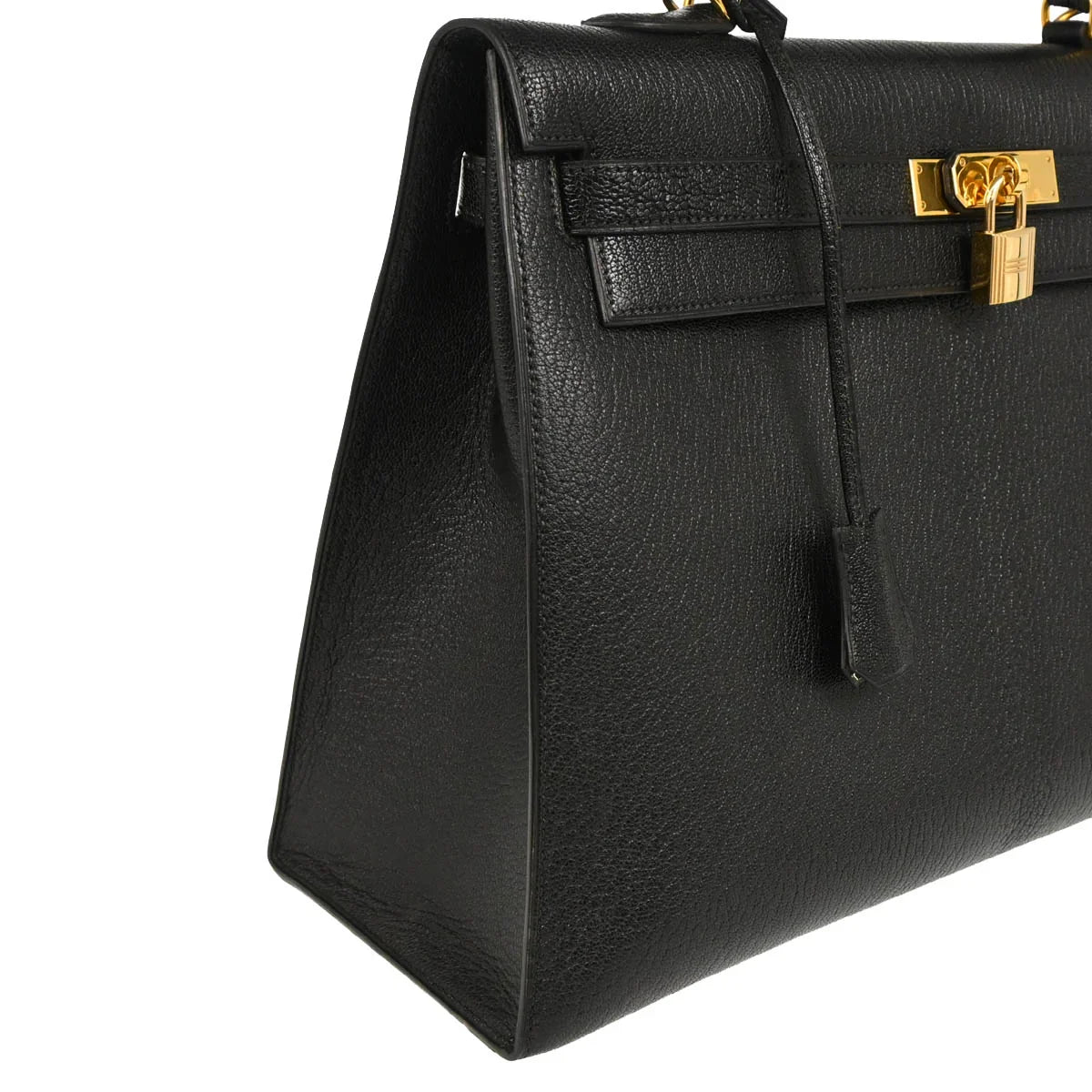 Hermes 2001 Black Coromandel Kelly 35 Sellier 2way Shoulder Handbag