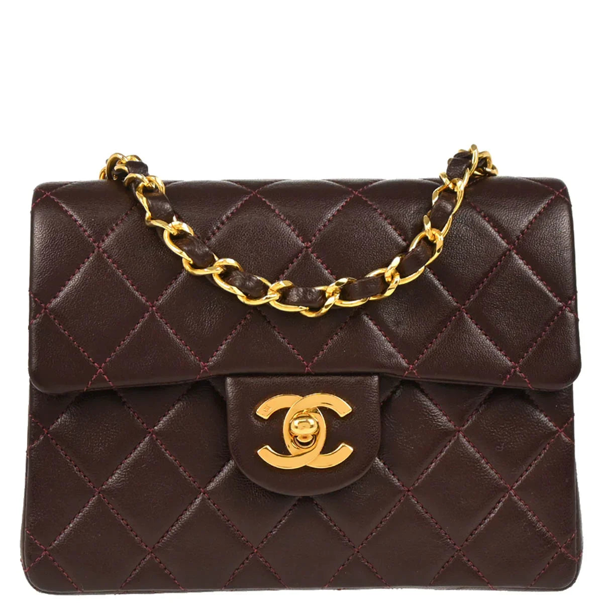 Chanel 1989-1991 Bordeaux Lambskin Mini Classic Square Flap Shoulder Bag