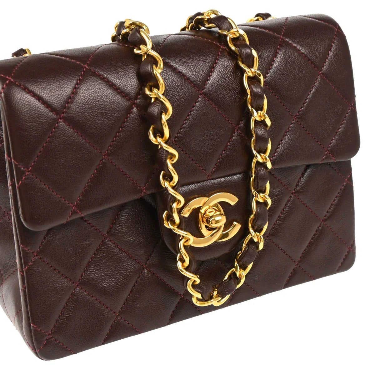 Chanel 1989-1991 Bordeaux Lambskin Mini Classic Square Flap Shoulder Bag