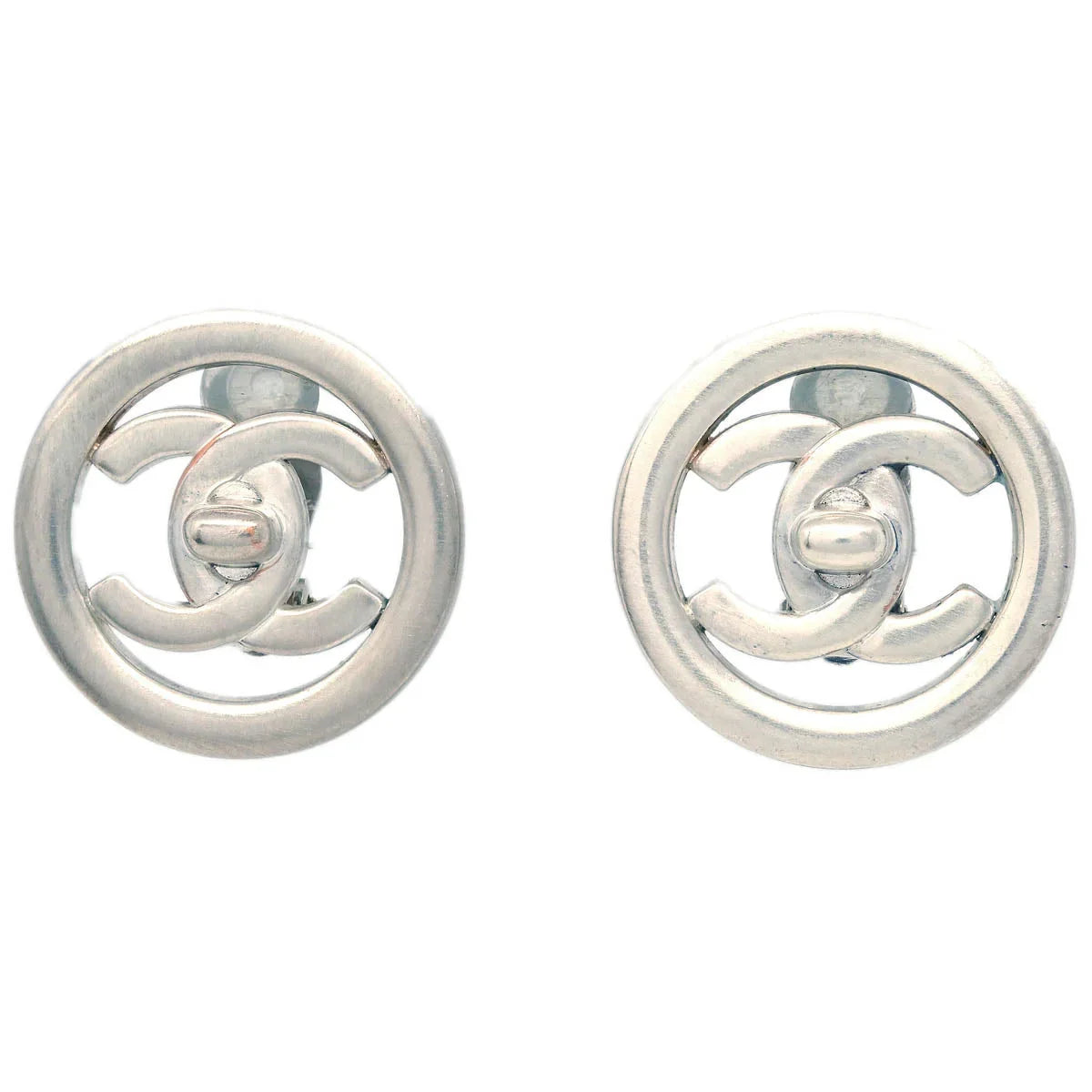 Chanel Turnlock Button Earrings Clip-On Silver 97P