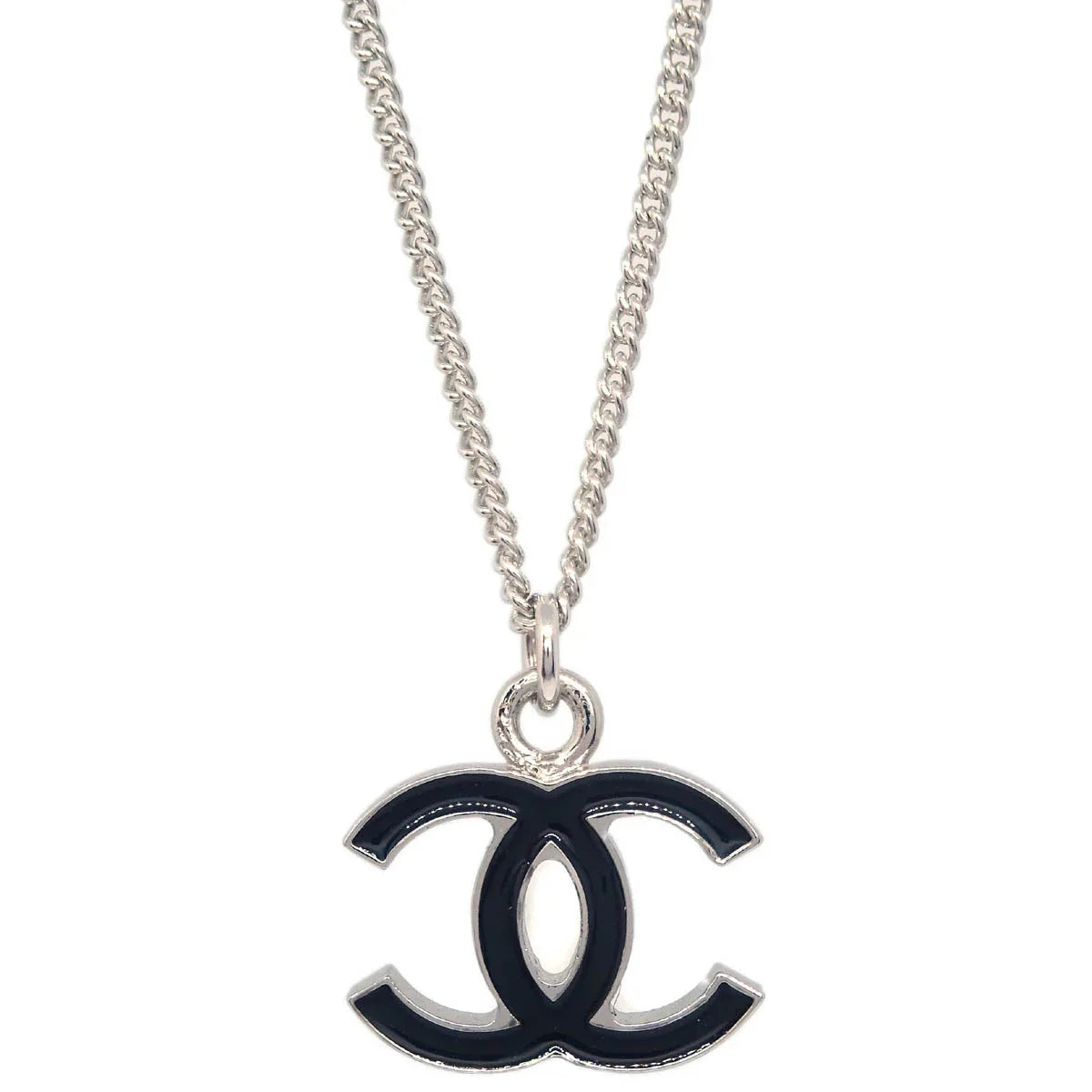 Chanel CC Chain Necklace Silver Black 05V