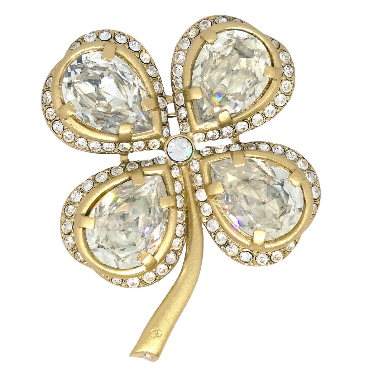 Chanel Clover Brooch Pin Gold Rhinestone 01C
