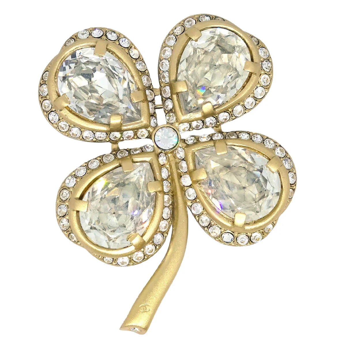 Chanel Clover Brooch Pin Gold Rhinestone 01C