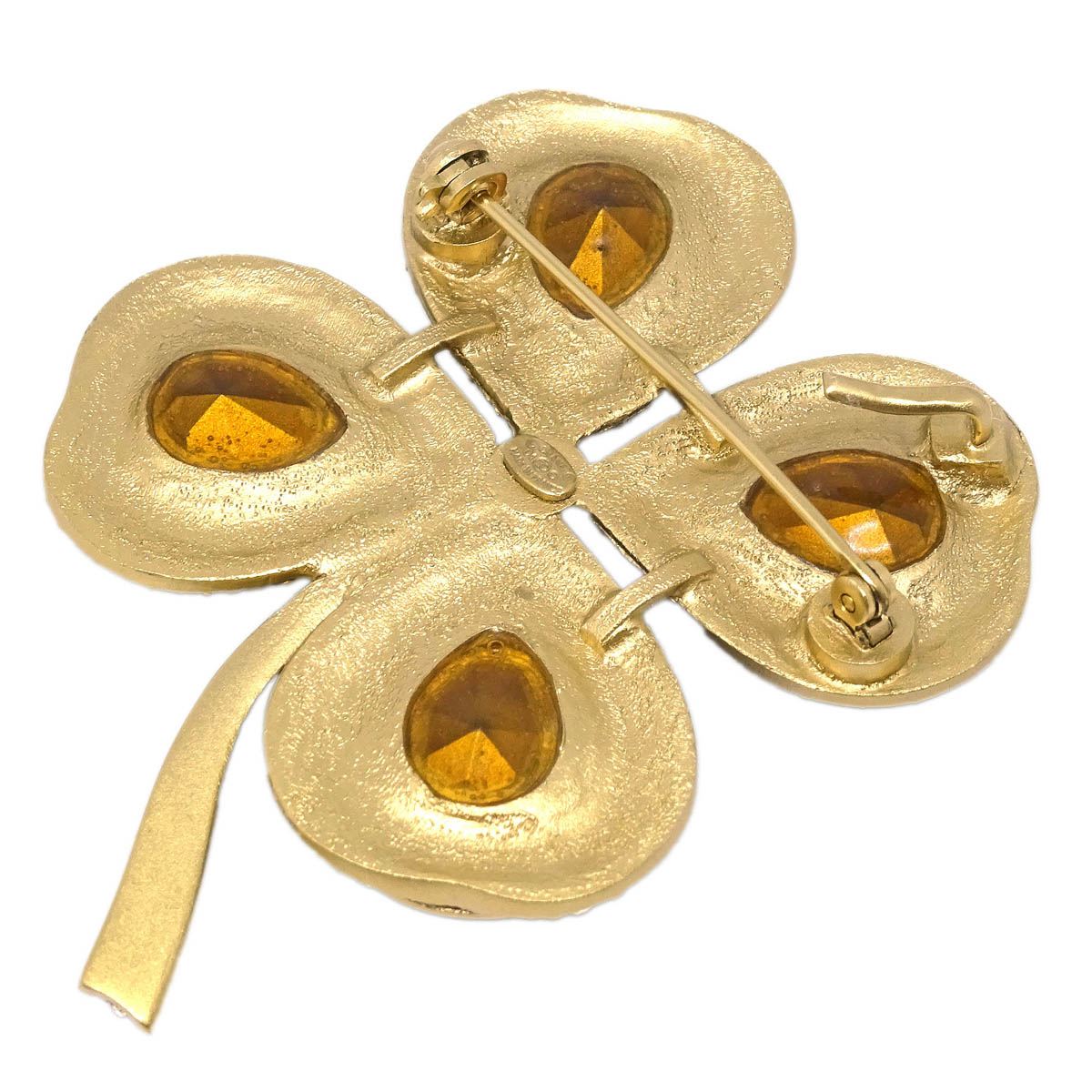 Chanel Clover Brooch Pin Gold Rhinestone 01C
