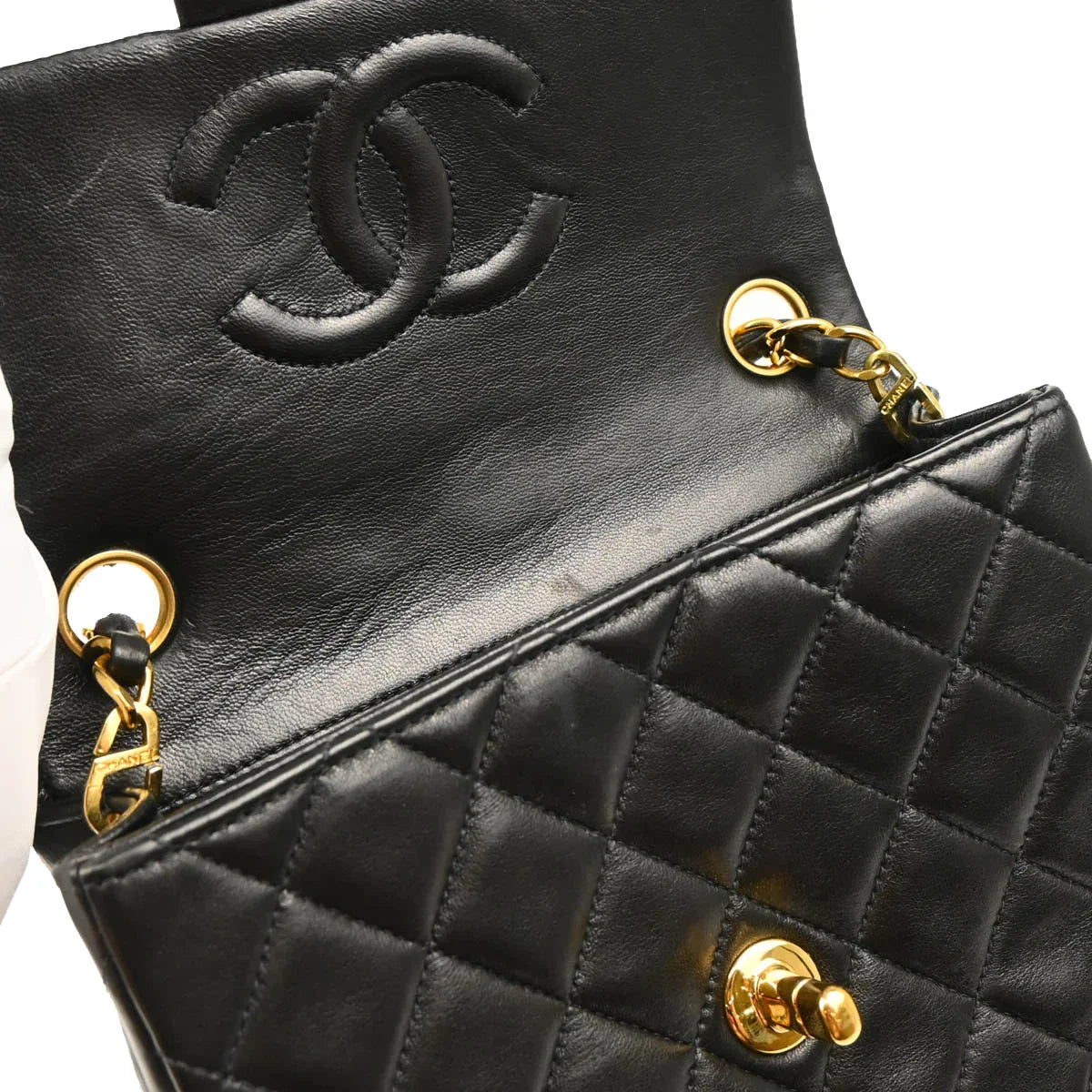 Chanel 1996-1997 Black Lambskin Mini Classic Square Flap Shoulder Bag