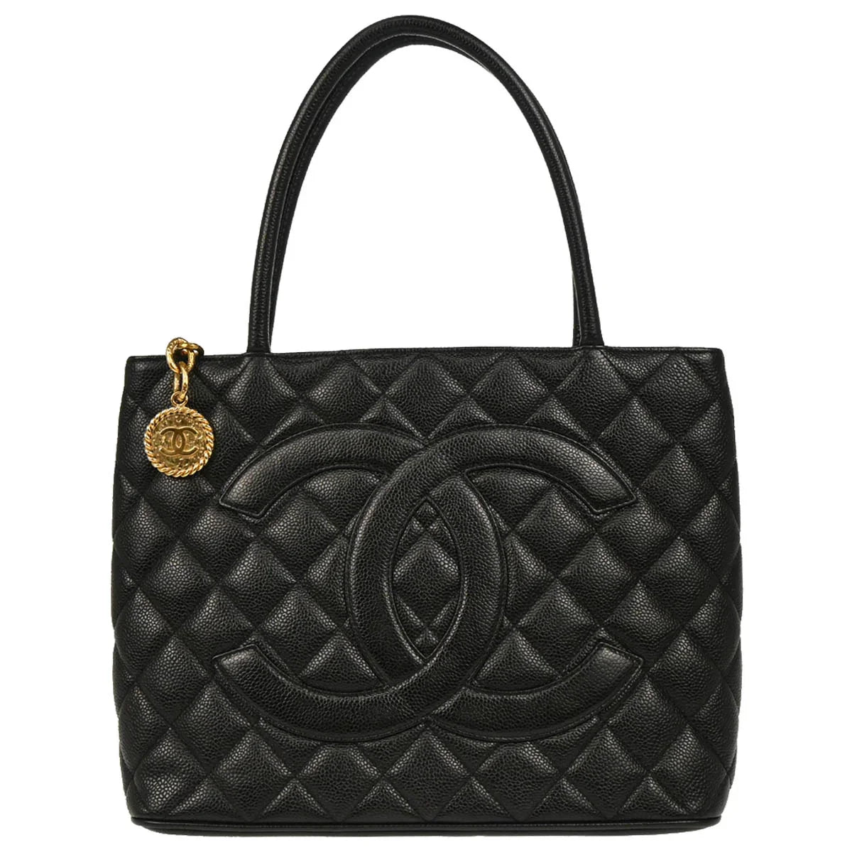 Chanel 2001-2003 Black Caviar Medallion Tote Handbag