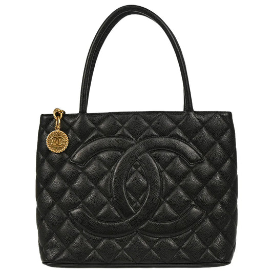 Chanel 2001-2003 Black Caviar Medallion Tote Handbag