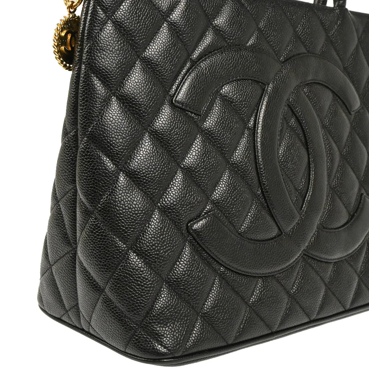 Chanel 2001-2003 Black Caviar Medallion Tote Handbag