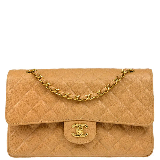 Chanel 1994-1996 Beige Caviar Medium Classic Double Flap Shoulder Bag