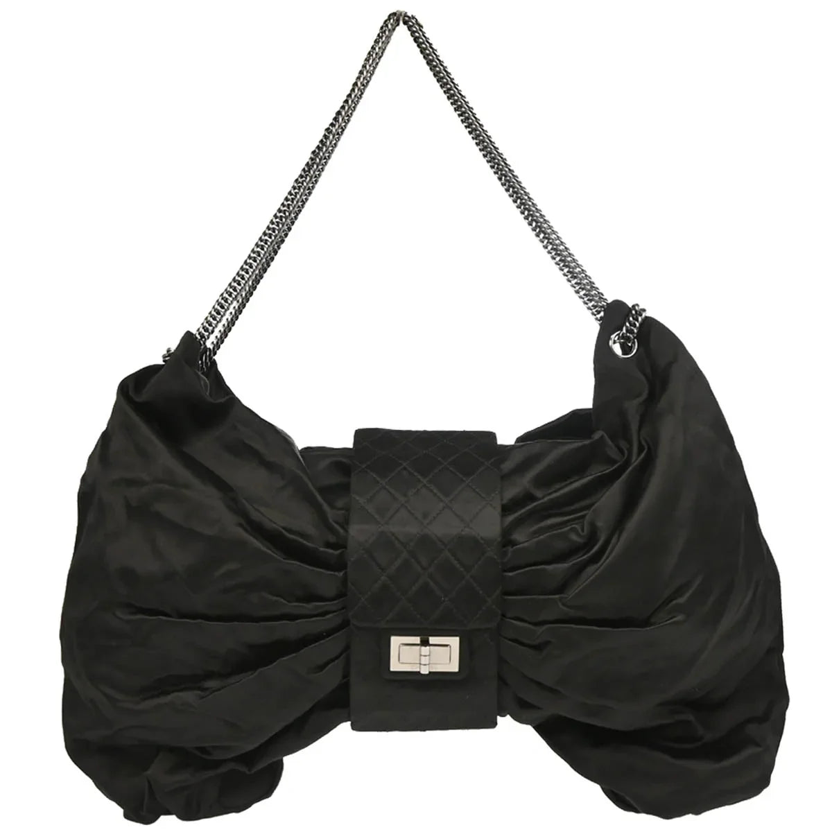 Chanel Black 2008-2009 Satin Mademoiselle Lock Bow Shoulder Bag