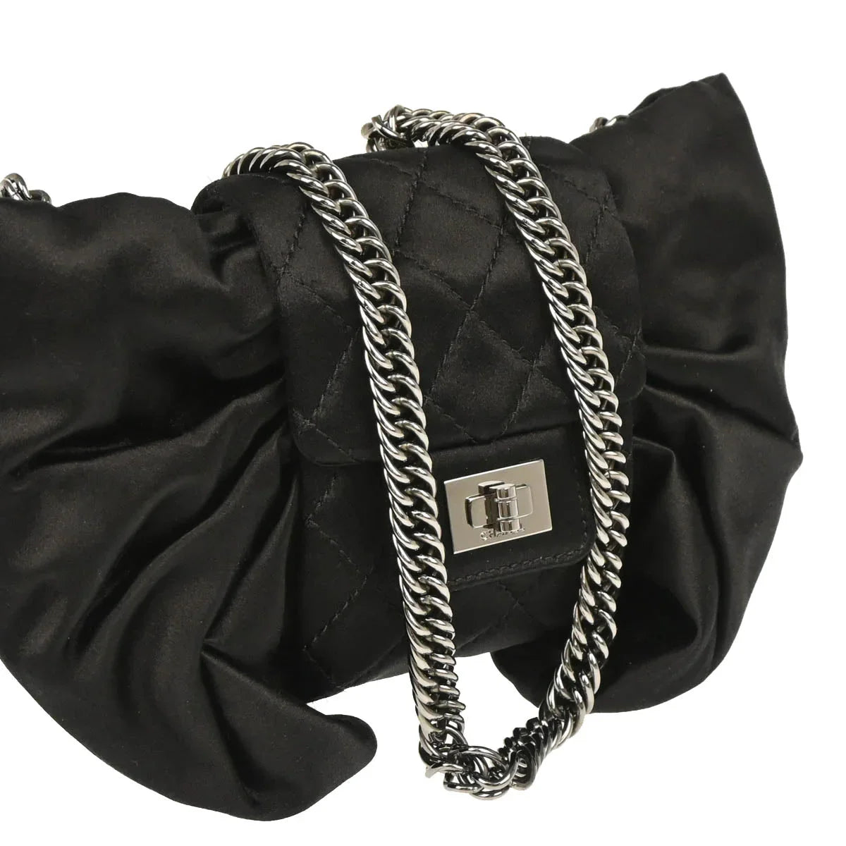 Chanel 2006-2008 Black Satin Bow Mademoiselle Lock Shoulder Bag