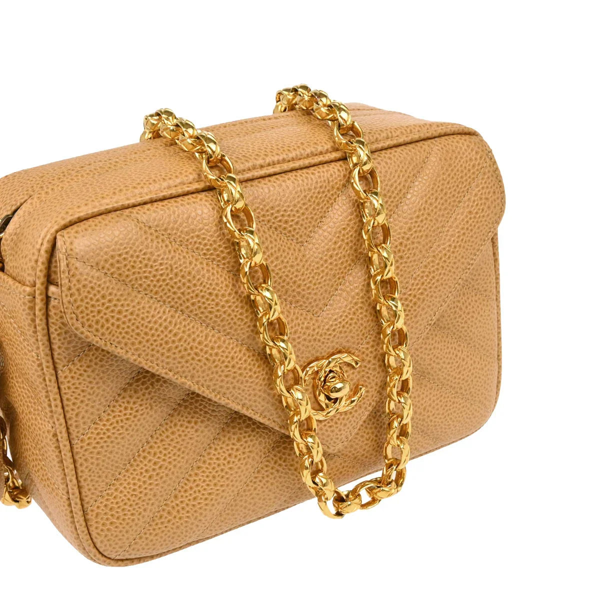 Chanel 1991-1994 Beige Caviar Chevron Camera Bag Mini