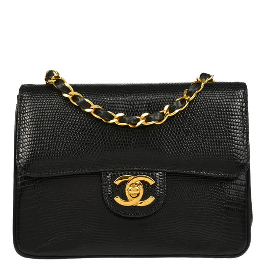 Chanel * 1986-1988 Black Lizard Mini Classic Square Flap Shoulder Bag