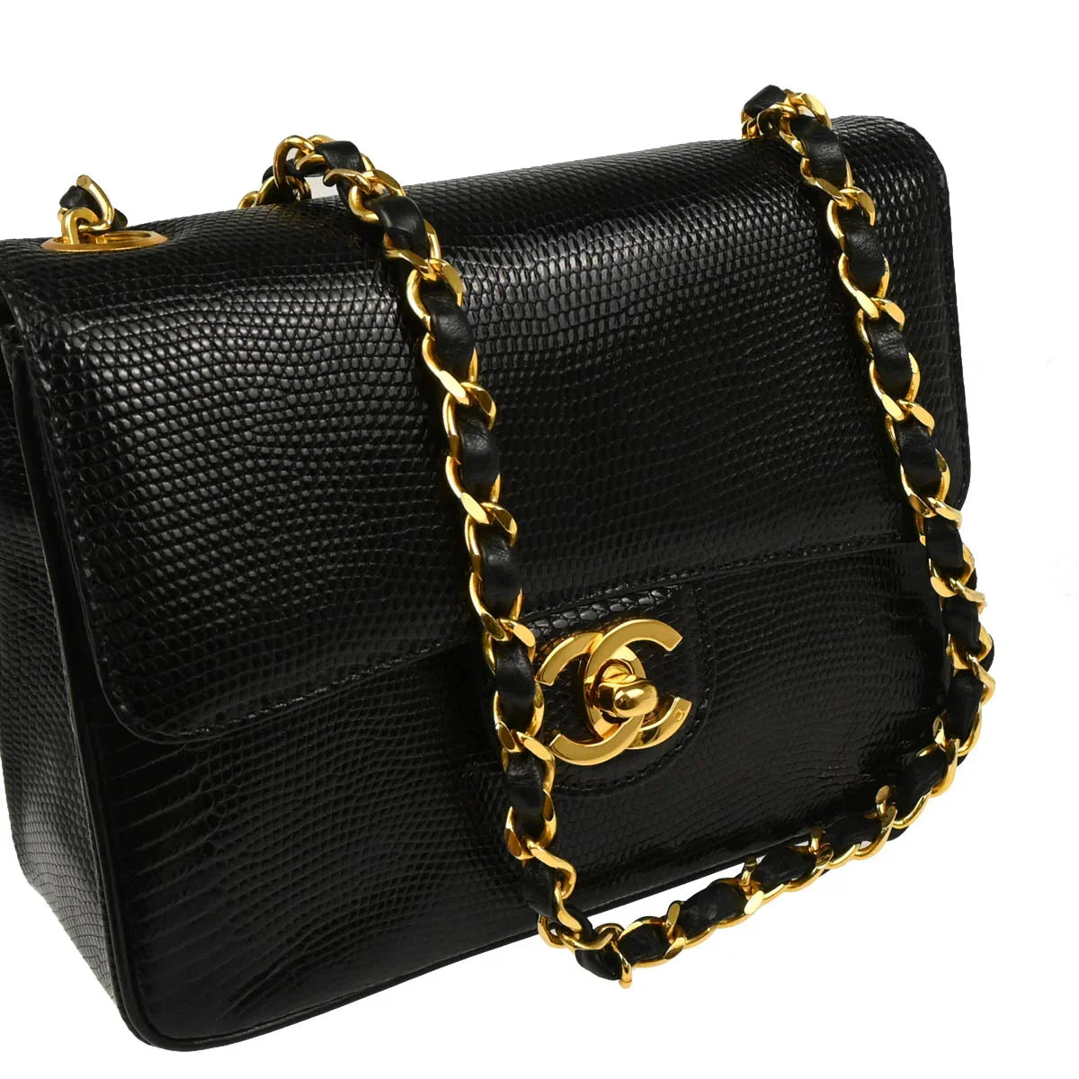 Chanel * 1986-1988 Black Lizard Mini Classic Square Flap Shoulder Bag