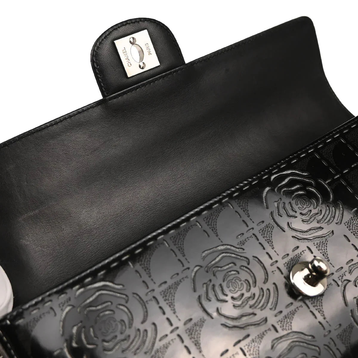 Chanel 2001-2003 Patent Leather Camellia Cutout East West Bag