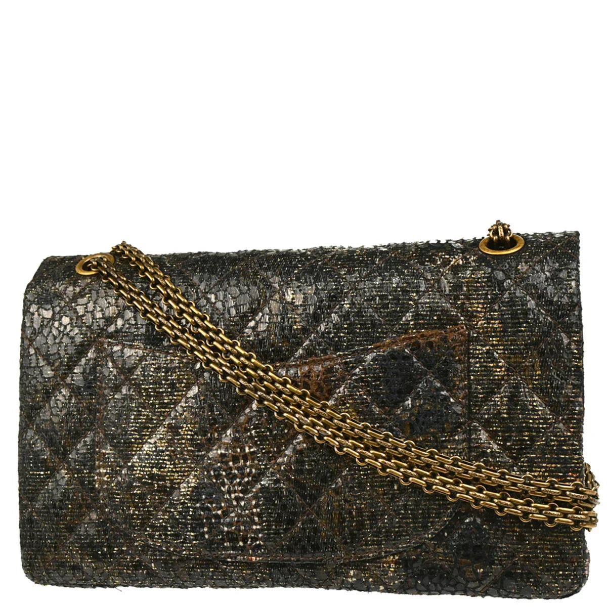 Chanel 2009-2010 Black Lacquer Tweed Mademoiselle Lock Double Flap Shoulder Bag