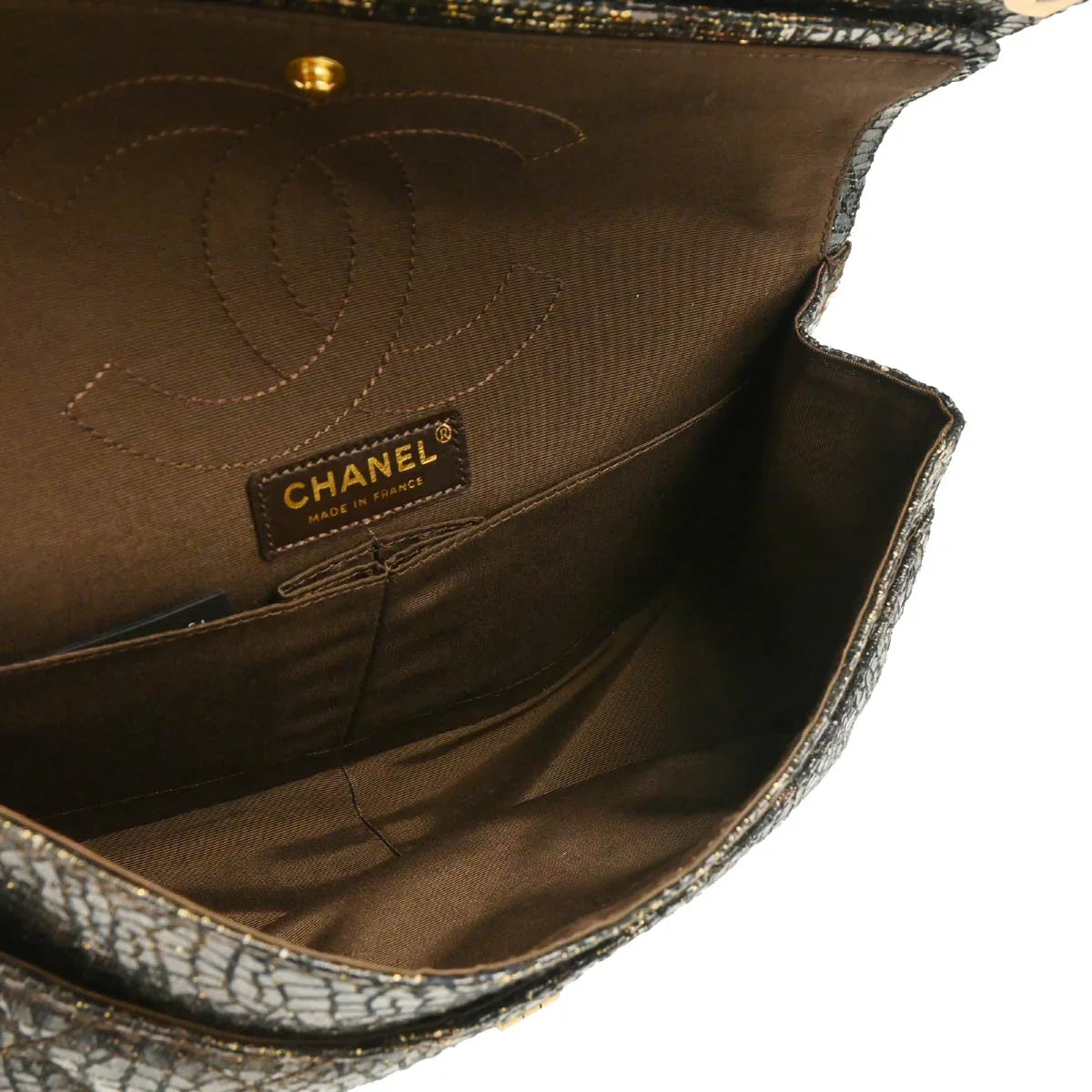 Chanel 2009-2010 Black Lacquer Tweed Mademoiselle Lock Double Flap Shoulder Bag