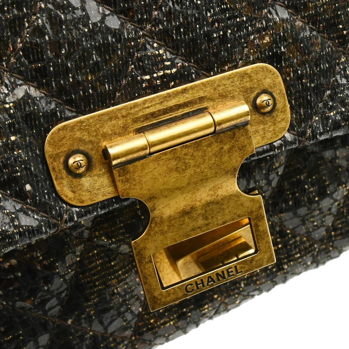 Chanel 2009-2010 Black Lacquer Tweed Mademoiselle Lock Double Flap Shoulder Bag