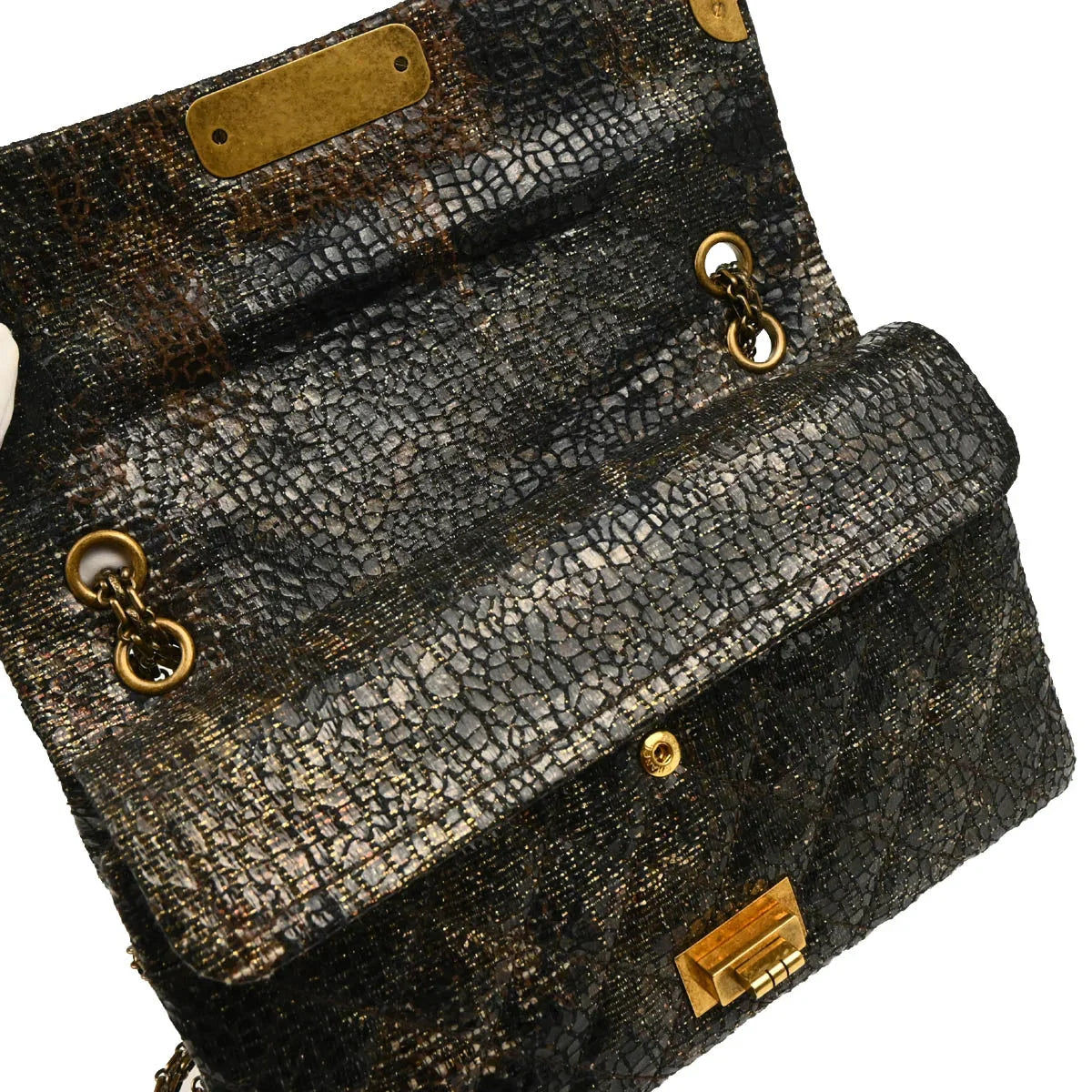 Chanel 2009-2010 Black Lacquer Tweed Mademoiselle Lock Double Flap Shoulder Bag