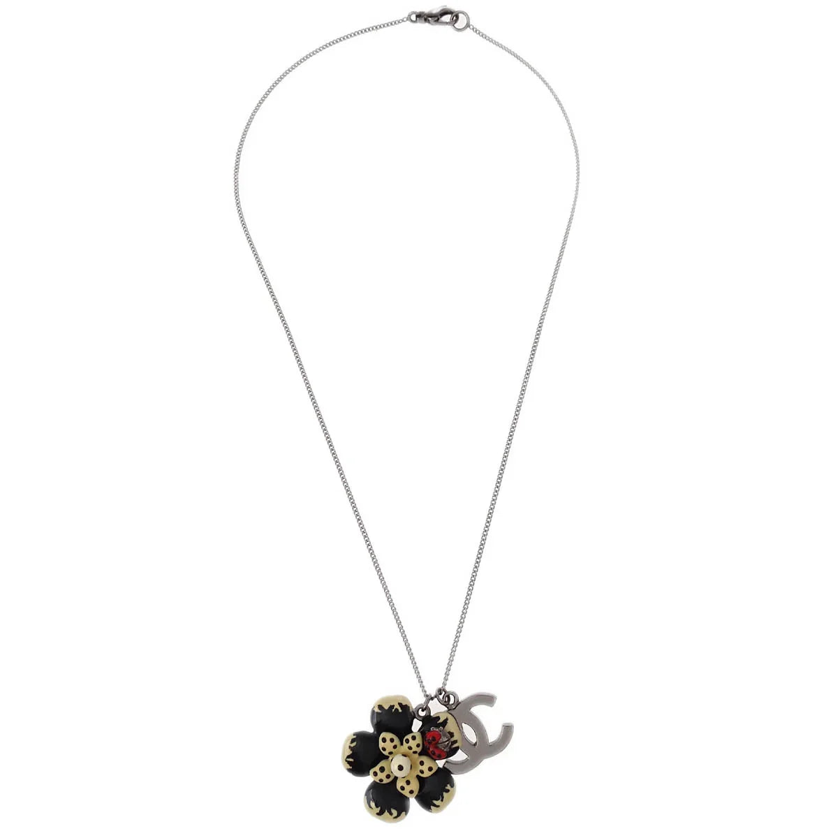 Chanel CC Flower Ladybug Chain Necklace Pendant Silver Black 06P