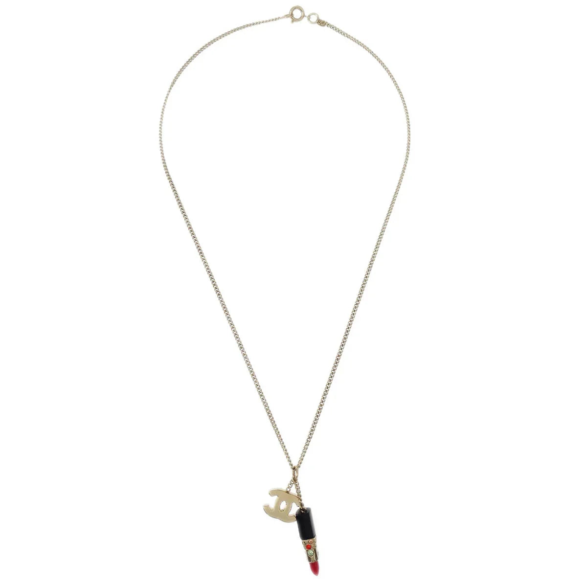 Chanel Lipstick Gold CC Pendant Necklace Rhinestone 04A